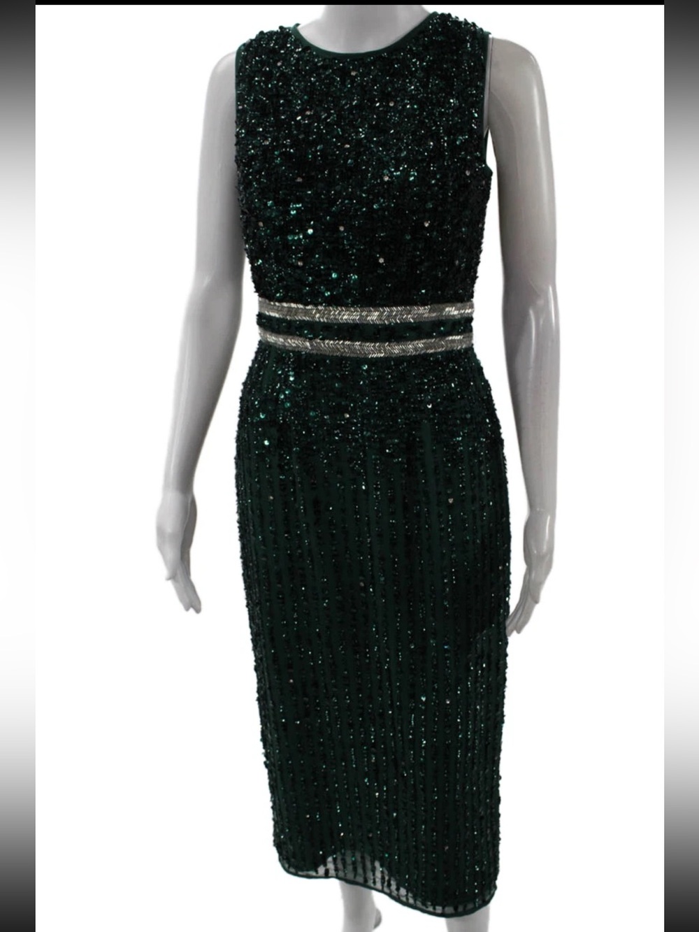 Mac Duggal Forest Green Beaded Cocktail Dress Size 2 Formal Evening Midi - Picture 5 of 10